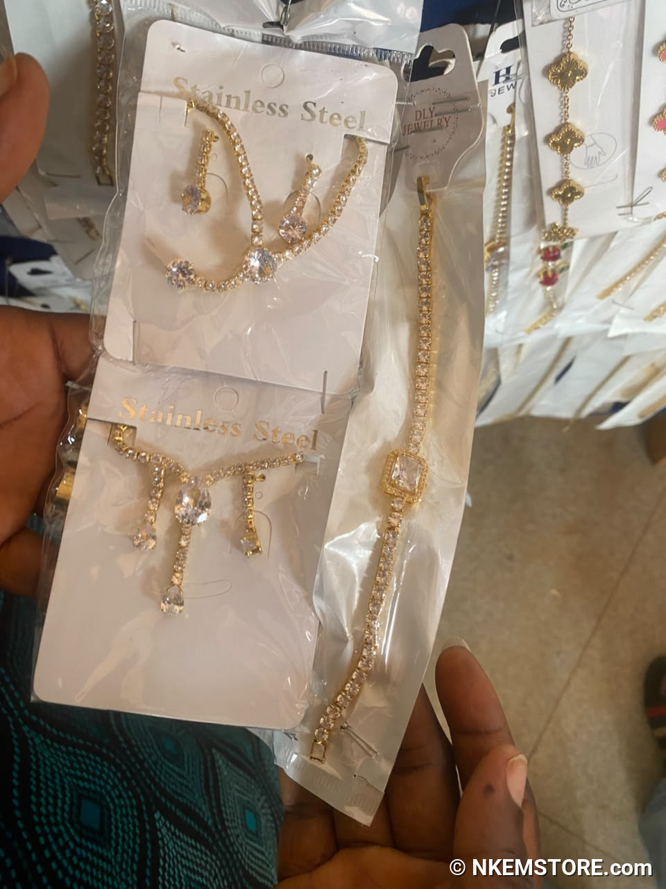 Sparkly Stainless Steel Gold Crystal Necklace, Earrings & Bracelet Set